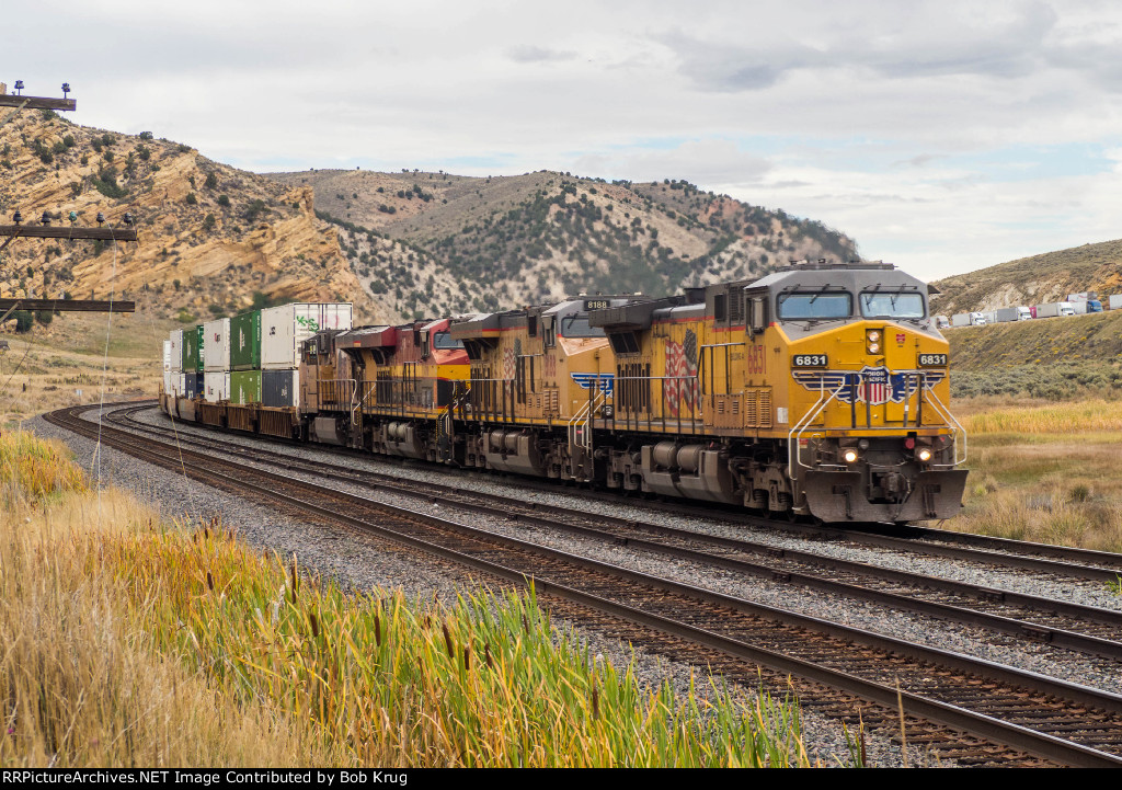 UP 6831 leada WB stacks down Echo Canyon